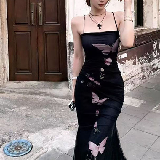 Damen elegantes Wickelkleid mit floralem Schmetterlingsdruck und verstellbaren Spaghetti-Trägern R&B