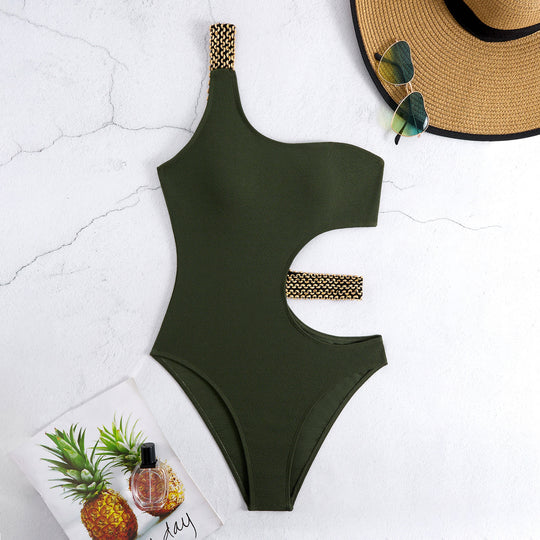 Damen Einteiliger Badeanzug mit asymmetrischem Cut-Out und modischen Kettenakzenten R&B