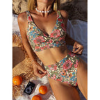 Damen Hochgeschnittener Bikini mit floralem Design und unterstützendem Oberteil