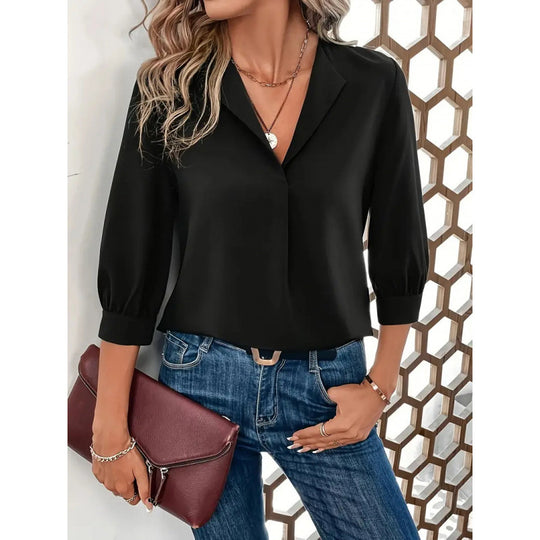 Damen Elegante Viskosebluse mit 3/4-Ärmeln und V-Ausschnitt R&B