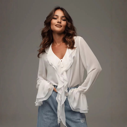 Damen leichtes Chiffon-Blusenshirt mit Rüschen und Kordelzug R&B