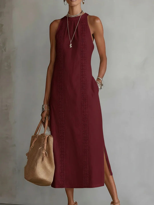 Damen Elegantes Sommer-Maxi-Kleid mit Spitzenapplikation und seitlichem Schlitz Heidi-Mode
