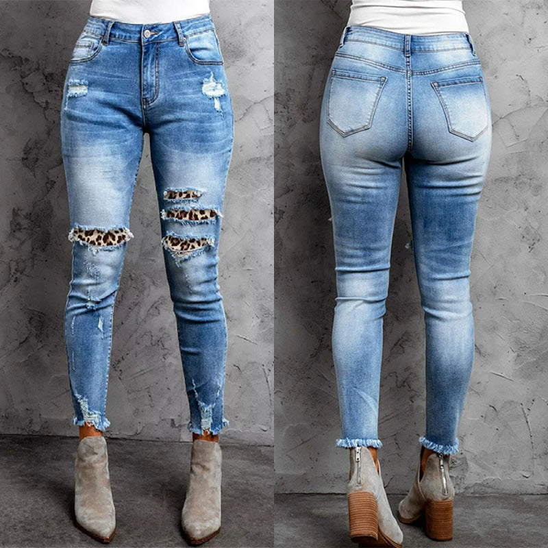 Damen Skinny Jeans im aufregenden Animal-Print mit stylishen Rissen R&B