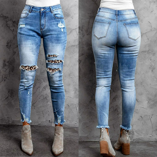 Damen Skinny Jeans im aufregenden Animal-Print mit stylishen Rissen R&B