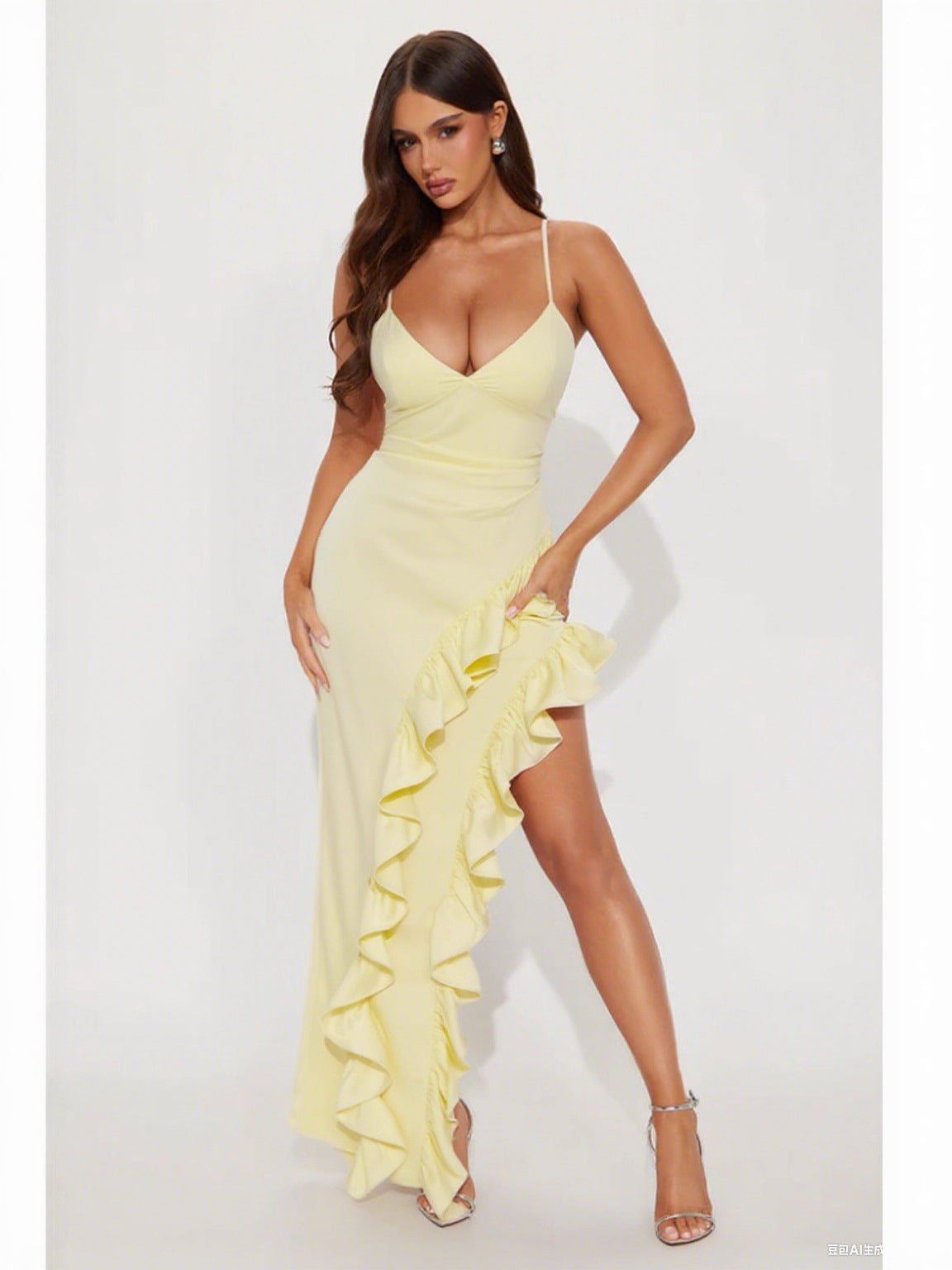Damen Maxikleid mit raffiniertem Rüschendesign und neckischem V-Ausschnitt R&B