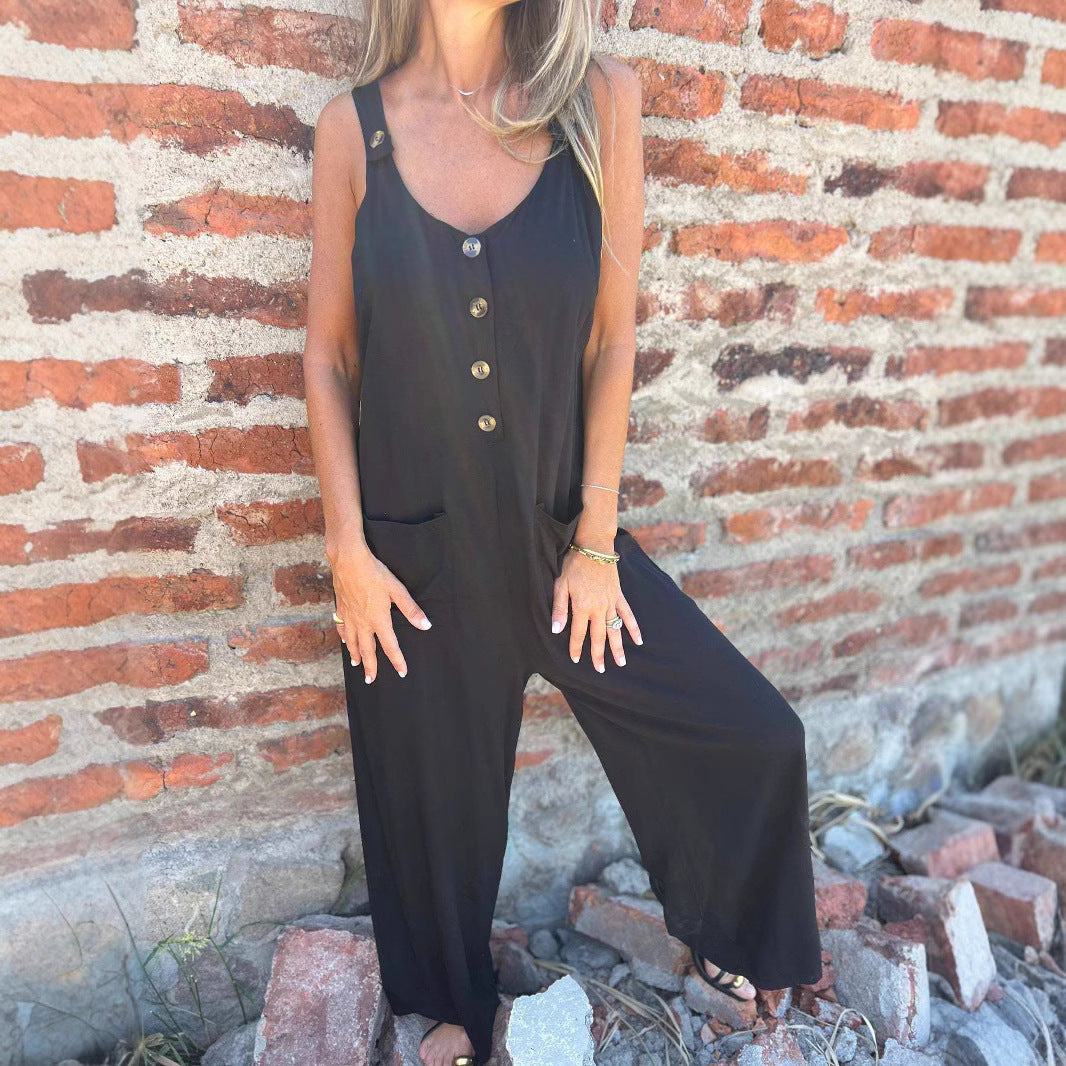 Damen Lässiger Jumpsuit mit Knopfdetails und Seitentaschen R&B