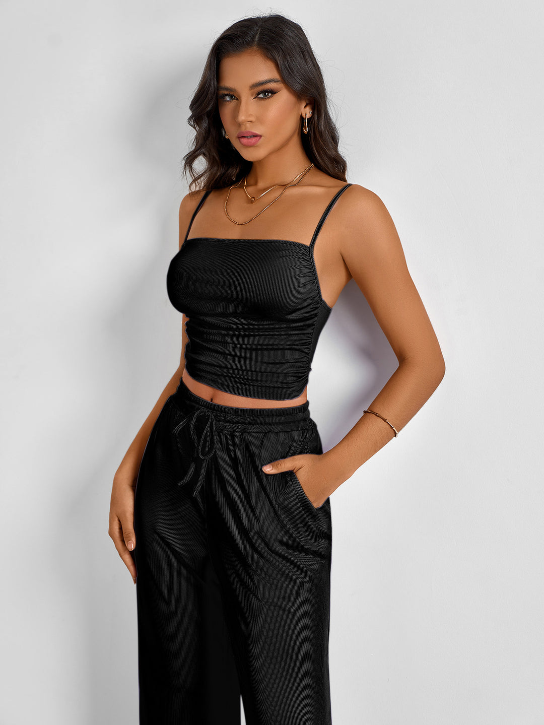 Damen Ripp-Top mit verstellbaren Spaghettiträgern und elastischer Taille R&B