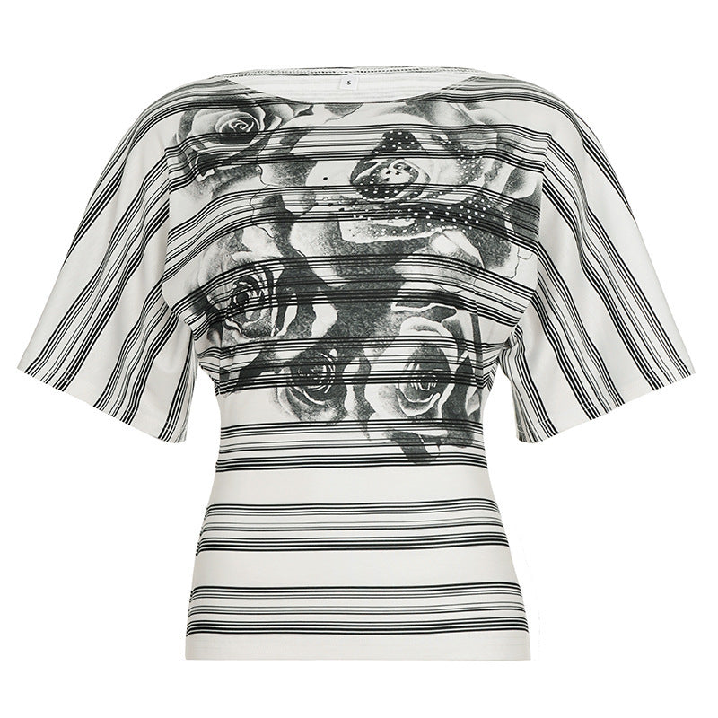 Damen Oversized T-Shirt mit floralem Streifenmuster und eleganter Passform R&B