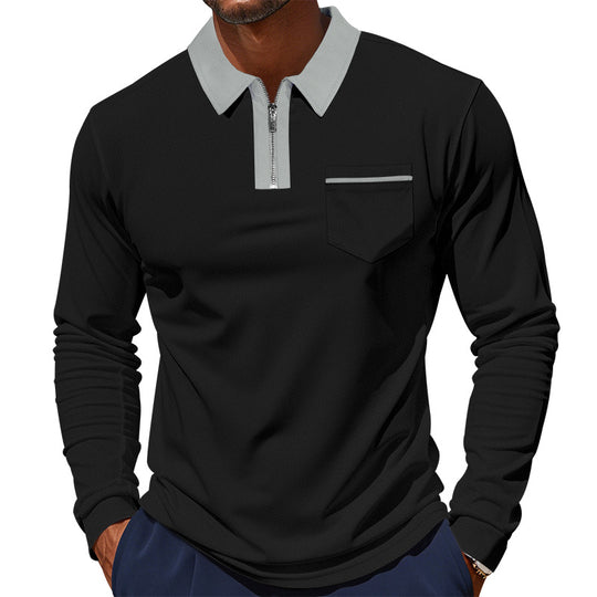 Herren nan langärmeliges Polo mit halbem Reißverschluss, aufgesetzter Brusttasche und feiner Strukturjersey-Qualität R&B