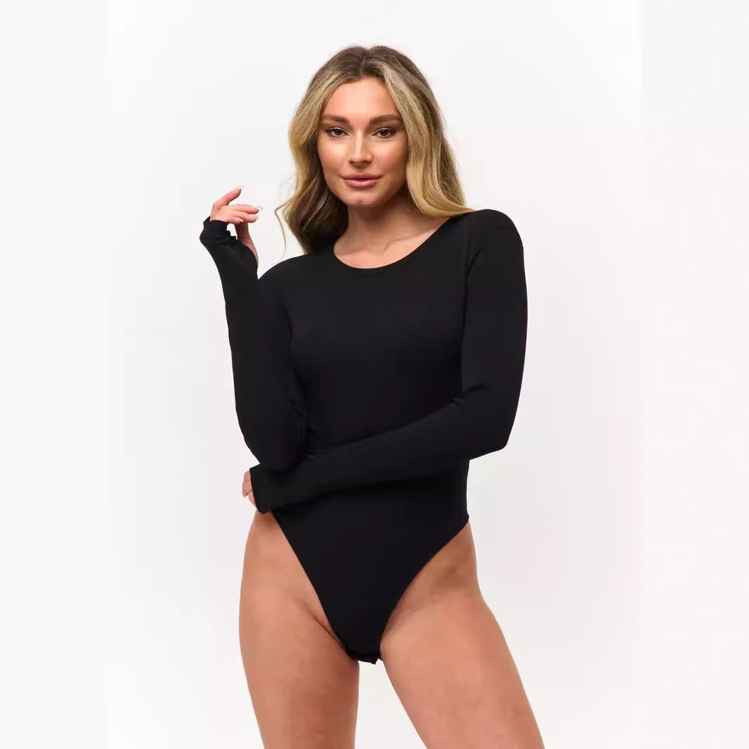 Damen Langarm-Bodysuit mit elegantem Rippdesign und figurbetontem Schnitt R&B