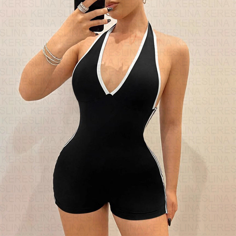 Damen Sportlicher Jumpsuit mit tiefem V-Ausschnitt und figurbetonter Silhouette R&B