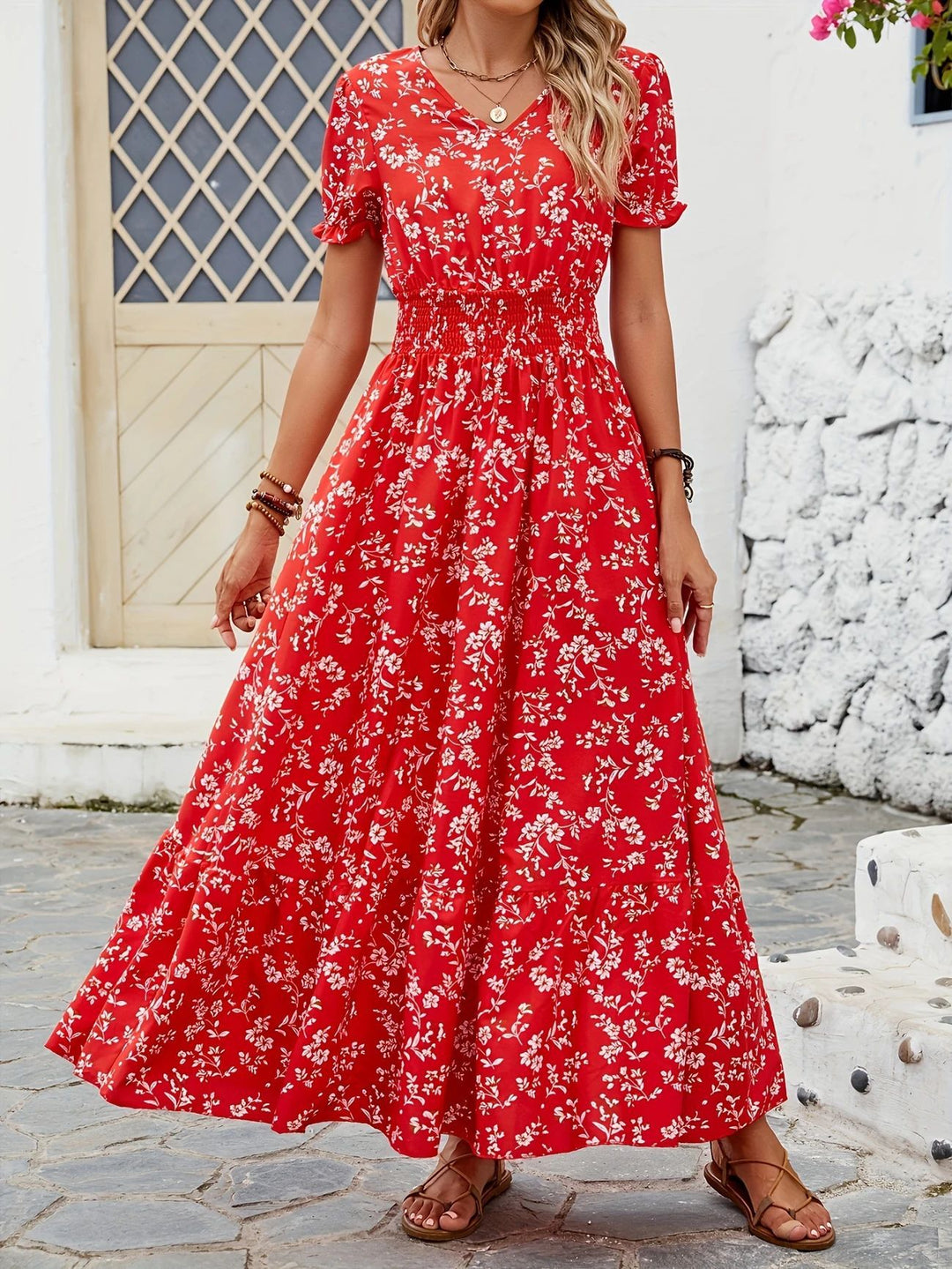 Damen Maxikleid mit V-Ausschnitt und gefertigtem Gummizug R&B