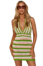 Damen gehäkeltes Minikleid mit tiefem V-Ausschnitt und gestreiftem Design R&B