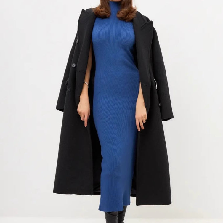 Damen Elegantes figurbetontes Maxikleid mit hochgeschlossenem Kragen und feiner Rippenstruktur R&B