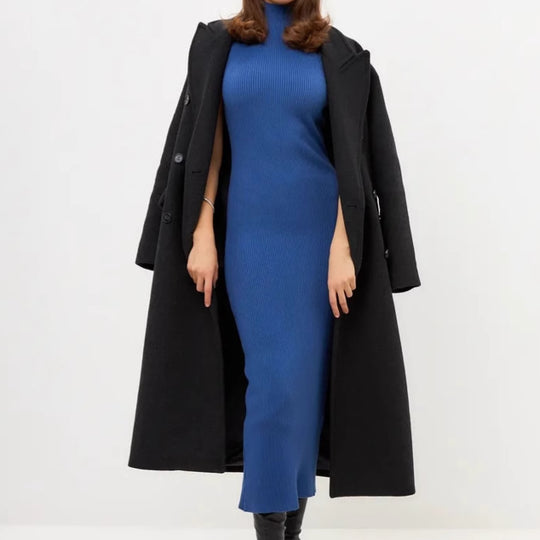 Damen Elegantes figurbetontes Maxikleid mit hochgeschlossenem Kragen und feiner Rippenstruktur R&B