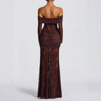 Damen Elegantes Spitzen-Maxikleid mit elegantem Off-Shoulder Design und Raffungen R&B