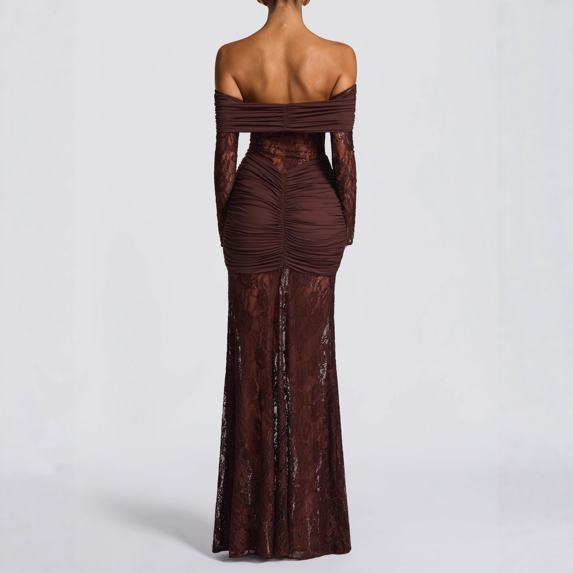 Damen Elegantes Spitzen-Maxikleid mit elegantem Off-Shoulder Design und Raffungen R&B
