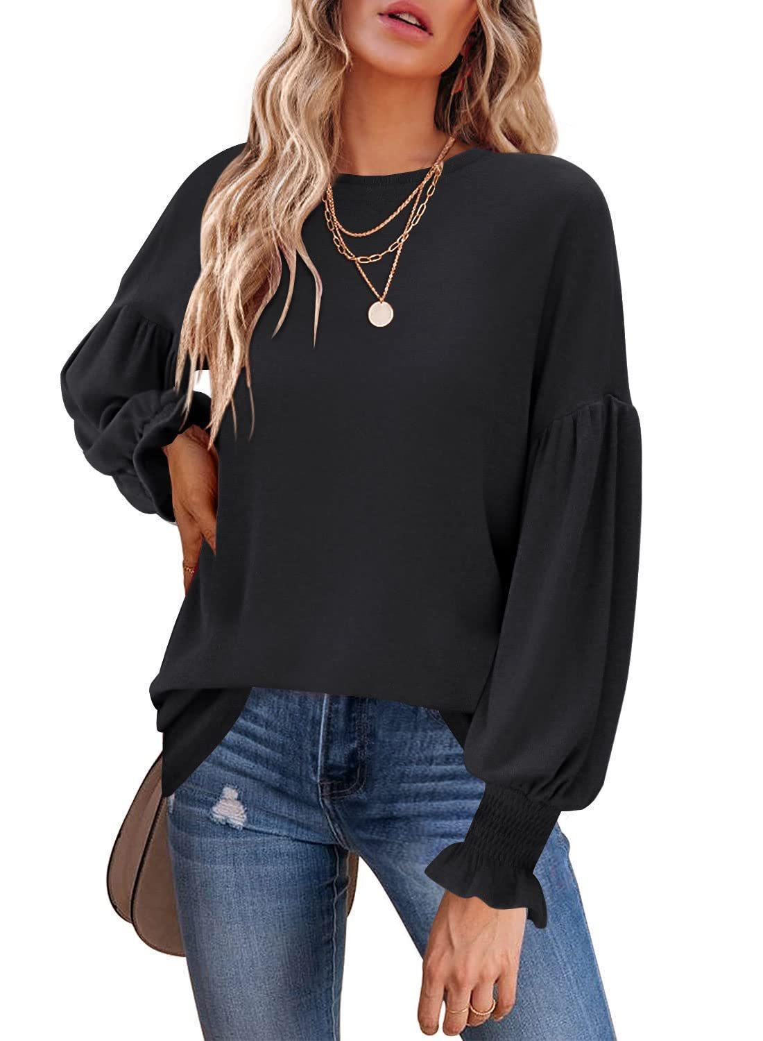 Damen lässiger Pullover mit Ballonärmeln und raffiniertem Saum R&B