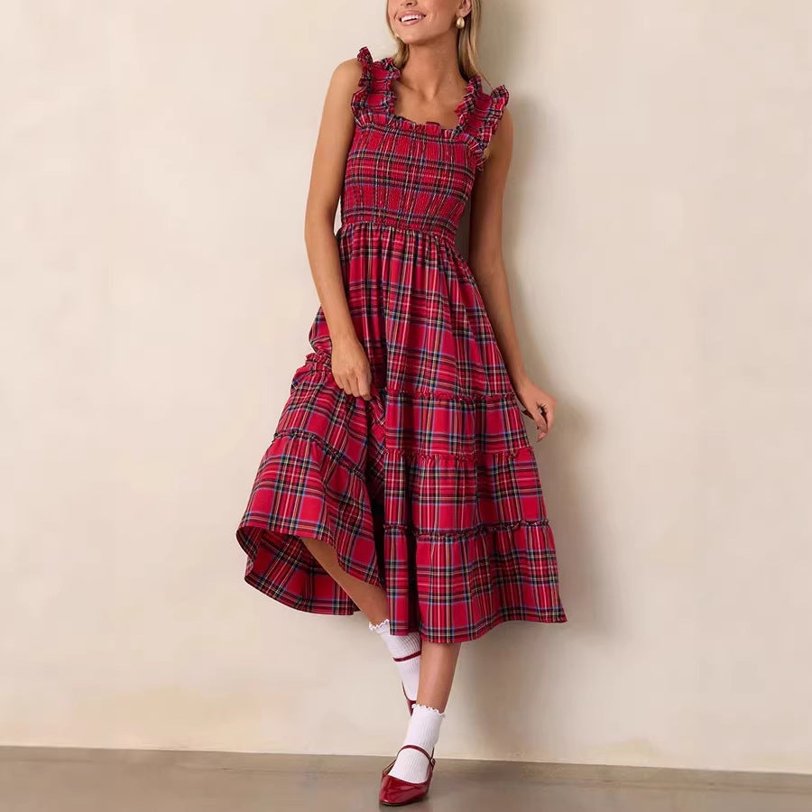 Damen Maxikleid mit voluminösen Rüschendetails und klassischen Karo-Muster R&B