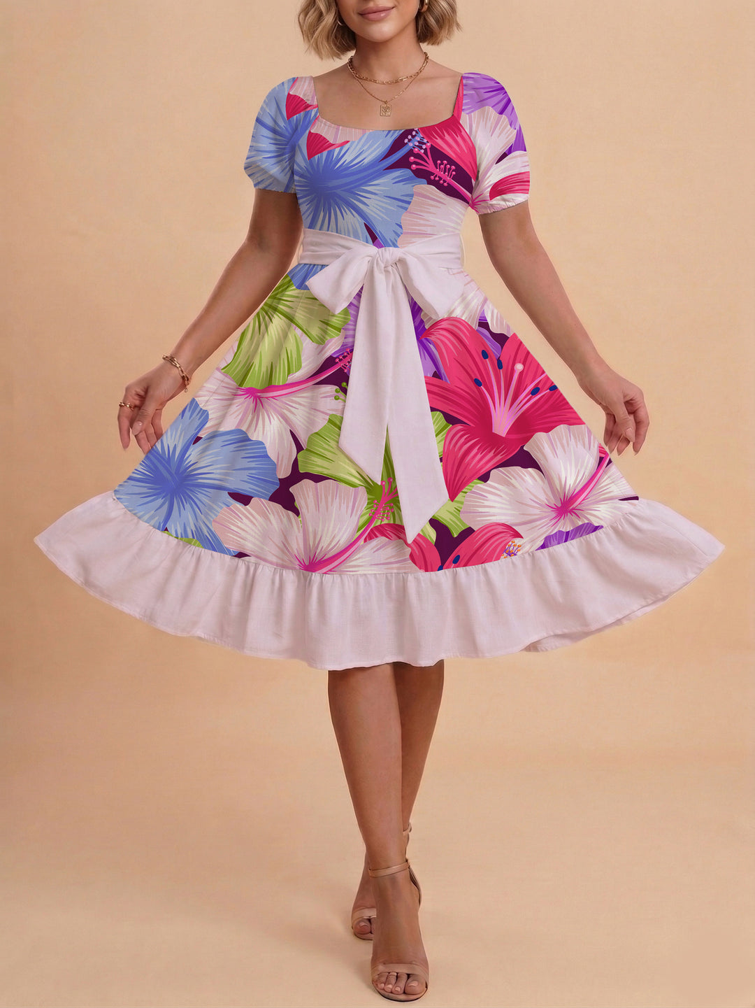 Damen modernes Blumenkleid mit elegantem Taillengürtel und asymmetrischem Saum R&B