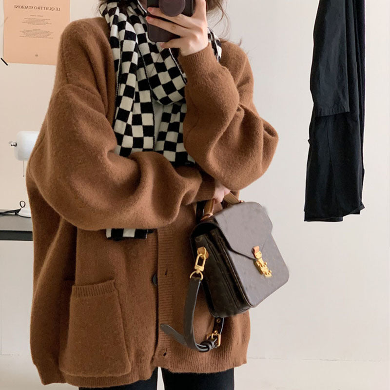Damen Großer, bequemer Strickcardigan mit Knöpfen und Taschen R&B