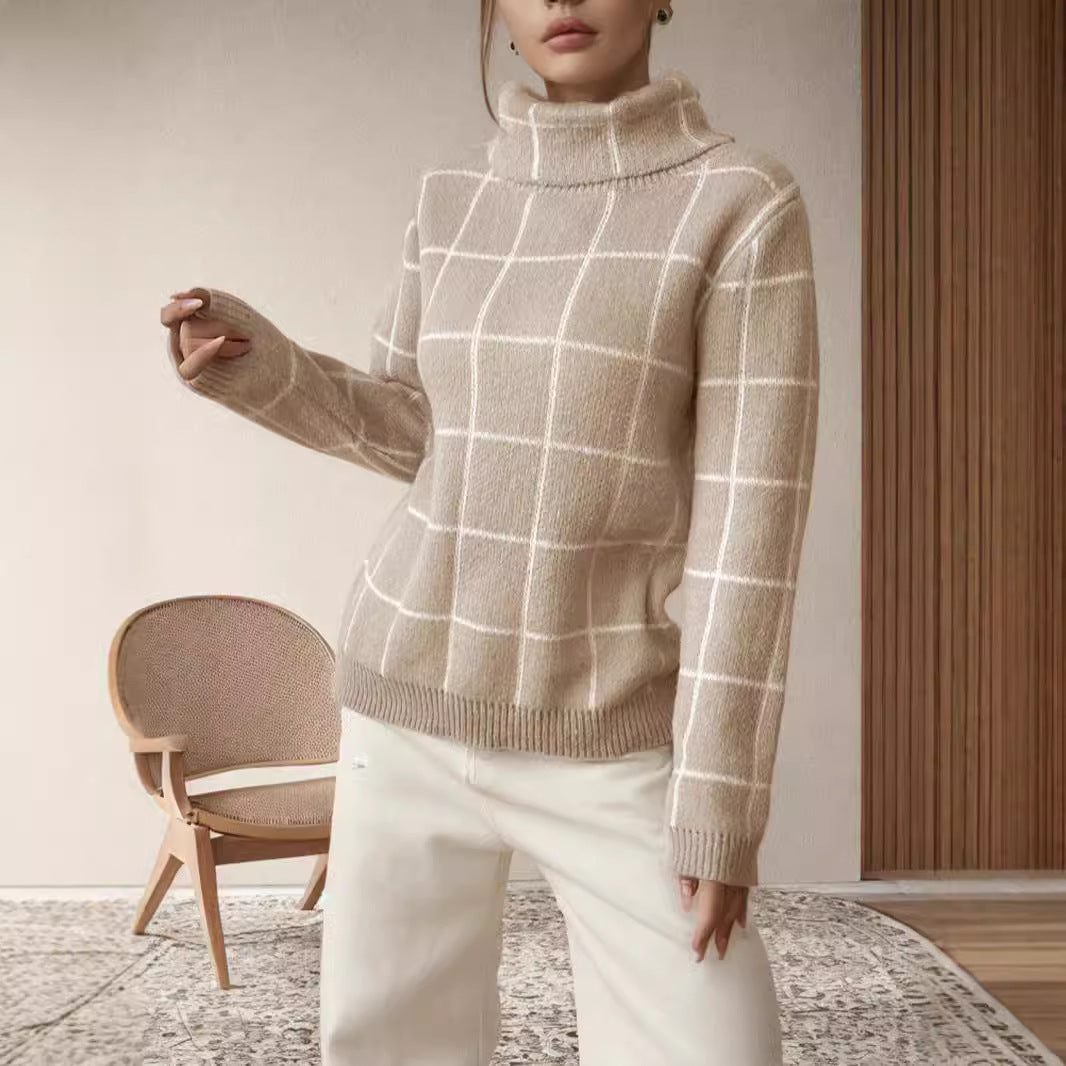 Damen Grobstrickpullover mit modernem Karomuster und hohem Kragen R&B