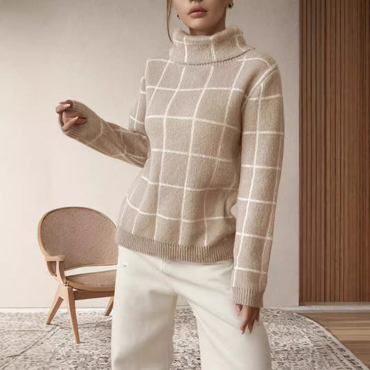 Damen Grobstrickpullover mit modernem Karomuster und hohem Kragen R&B