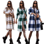 Damen Langer Wollmantel mit kariertem Muster und taillierbarem Gürtel R&B