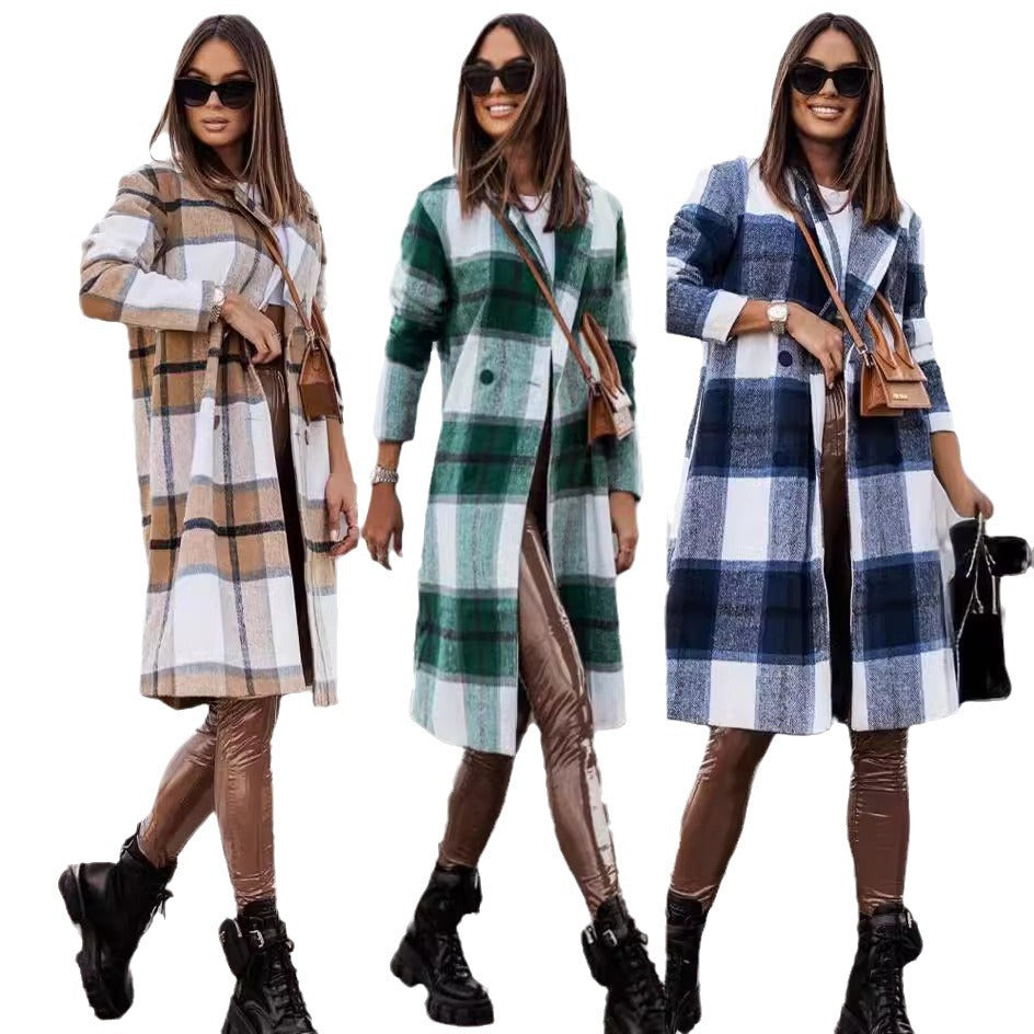 Damen Langer Wollmantel mit kariertem Muster und taillierbarem Gürtel R&B