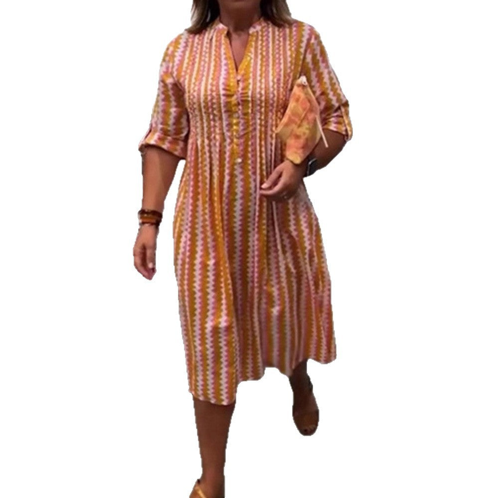 Damen nan Midikleid mit Unterbrustnaht, V-Ausschnitt, Knopfleiste und krempelbaren dreiviertelärmeln R&B