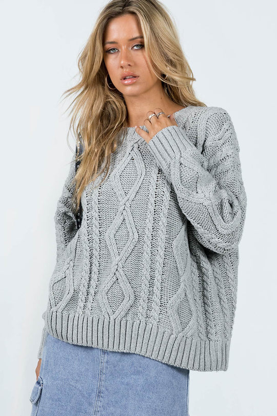 Damen Grobstrickpullover mit voluminösen Ärmeln und klassischem Zopfmuster R&B