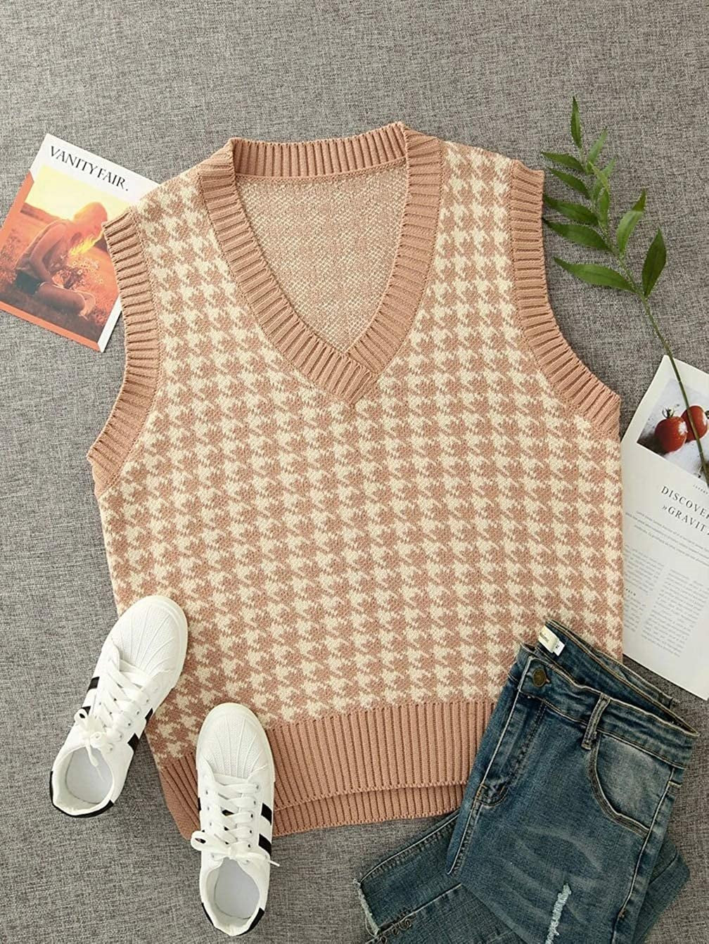 Damen ärmellose Strickweste mit modernem Hahnentrittmuster R&B