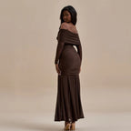Damen Maxikleid mit schulterfreier Silhouette und dekorativen Rosen R&B