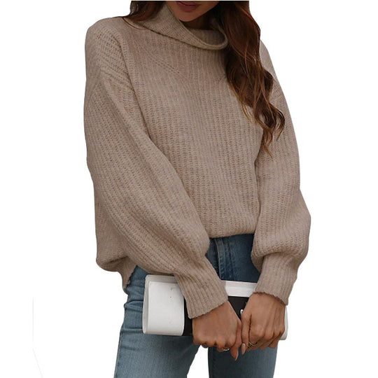 Damen Oversized Strickpullover mit hohem Kragen und Rippstruktur R&B
