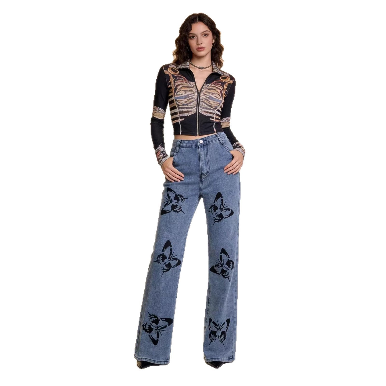 Damen Flared Jeans mit Blumendruck und hohem Bund