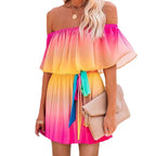Damen Off-Shoulder Minikleid mit Farbverlauf und Taillengürtel R&B