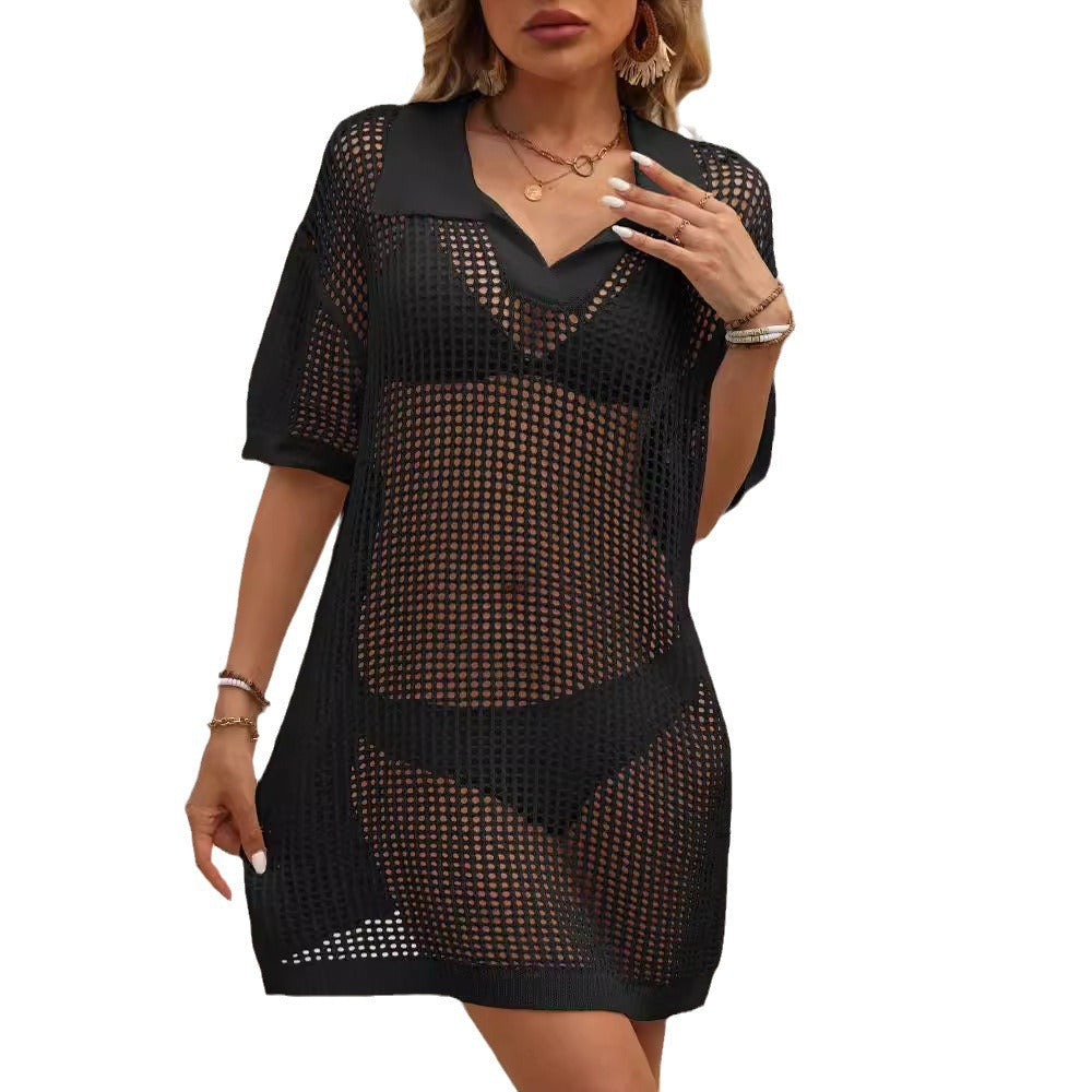 Damen luftiger Netz-Strandüberwurf mit Polo-Kragen R&B