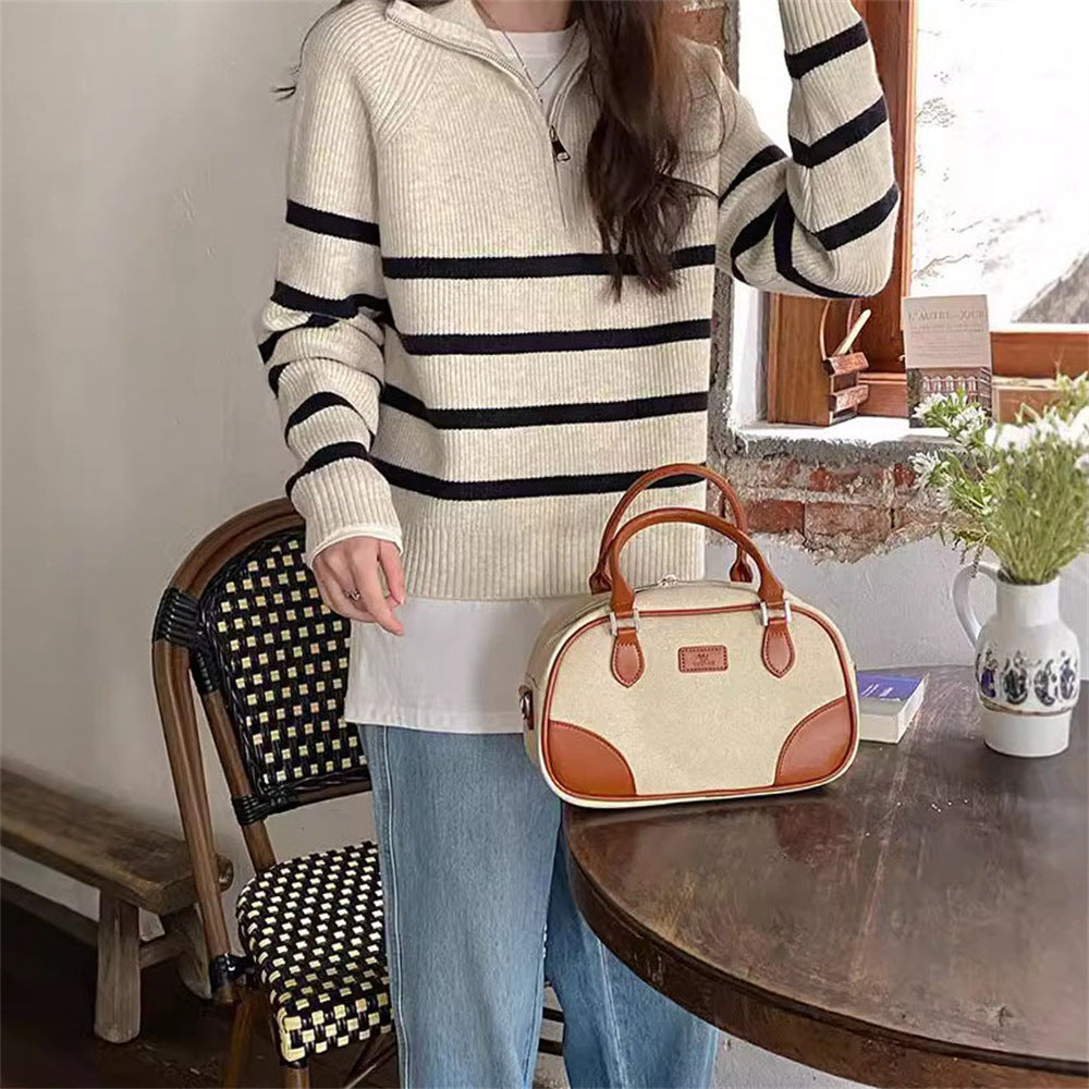 Damen Modischer Strickpullover mit Zip und gestreiftem Design R&B