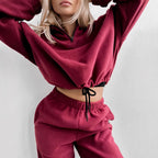 Damen gemütlicher Fleece-Jogginganzug mit hohem Kragen und Kängurutaschen