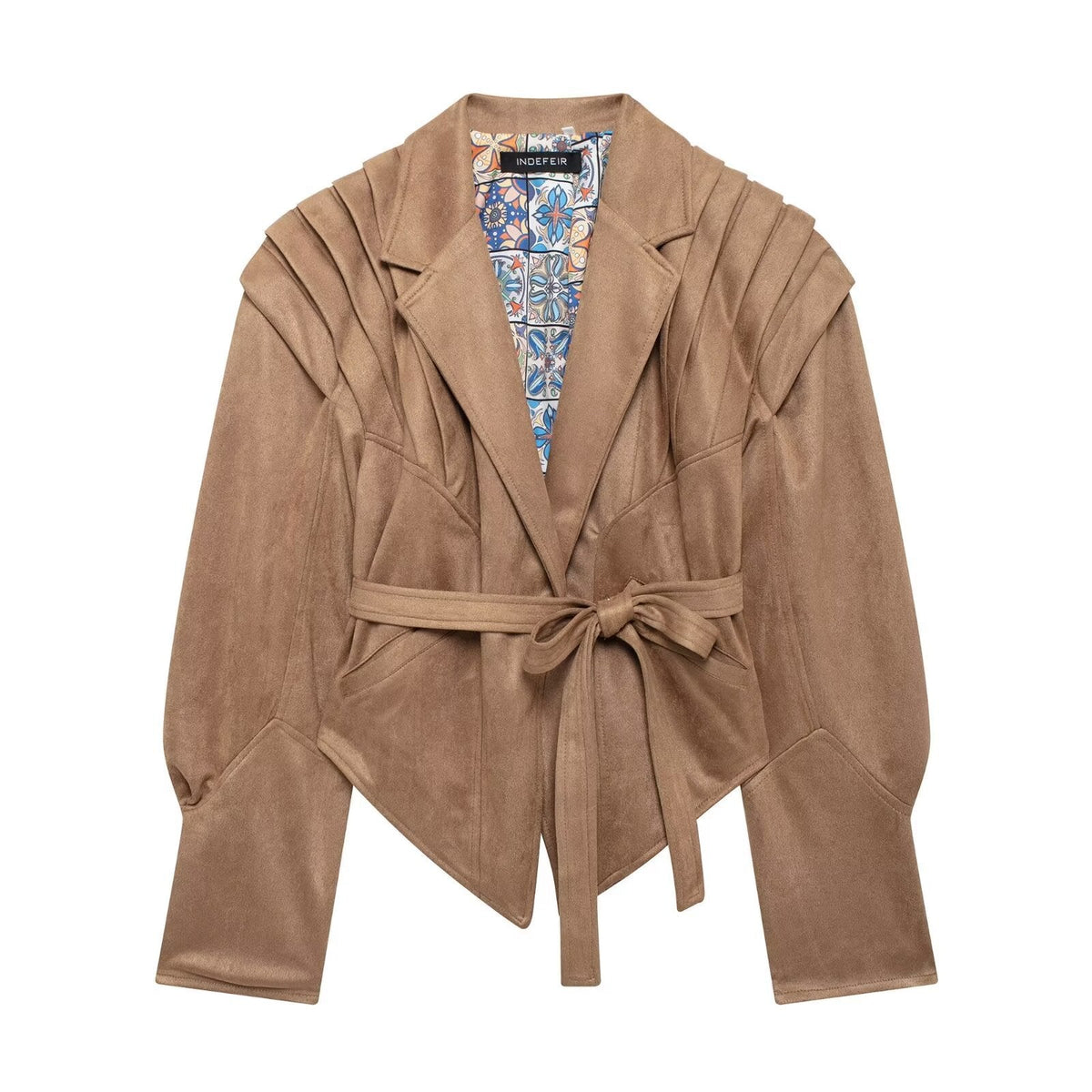 Damen nan taillierter Wildlederoptik Blazer mit Wickelgürtel und gerafften Schultern R&B