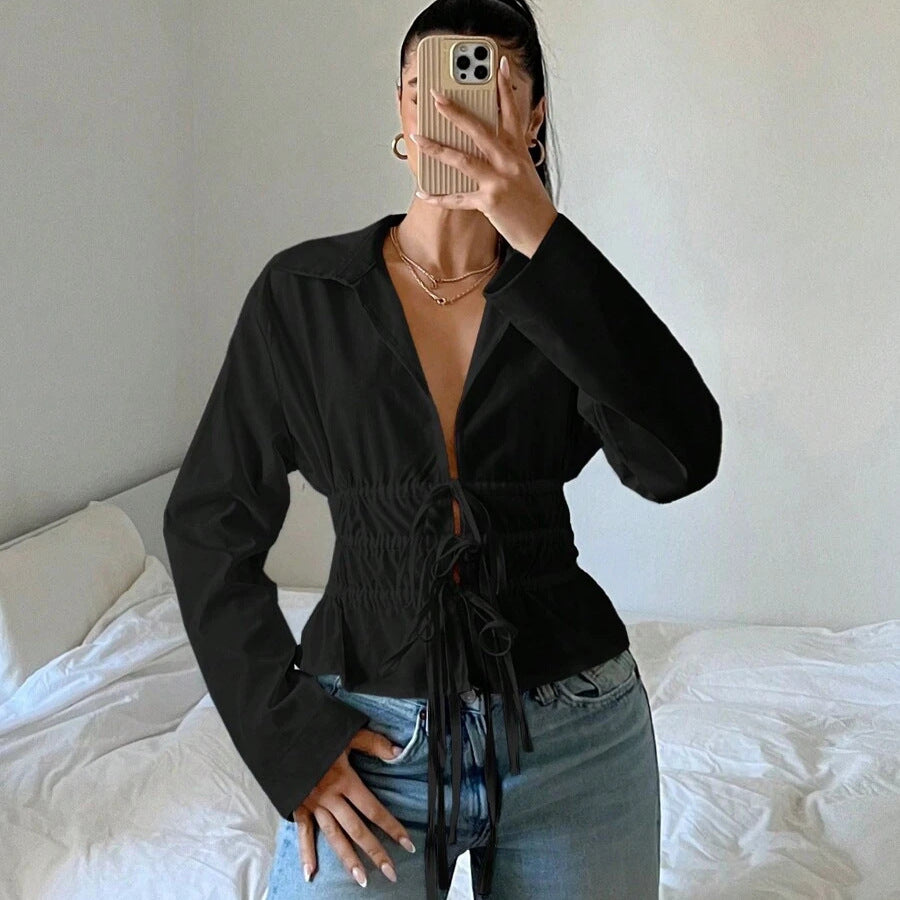 Damen zip-up Bluse mit Raffung und langen Ärmeln R&B
