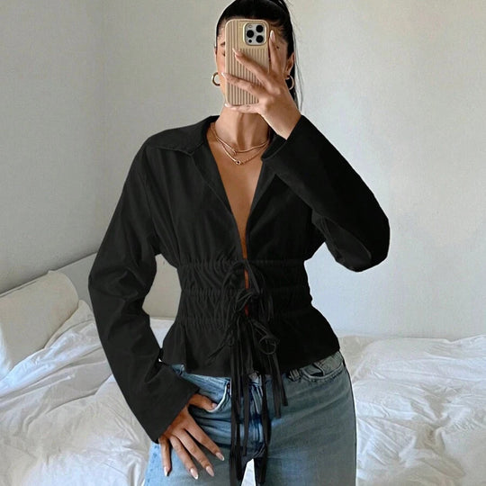 Damen zip-up Bluse mit Raffung und langen Ärmeln R&B