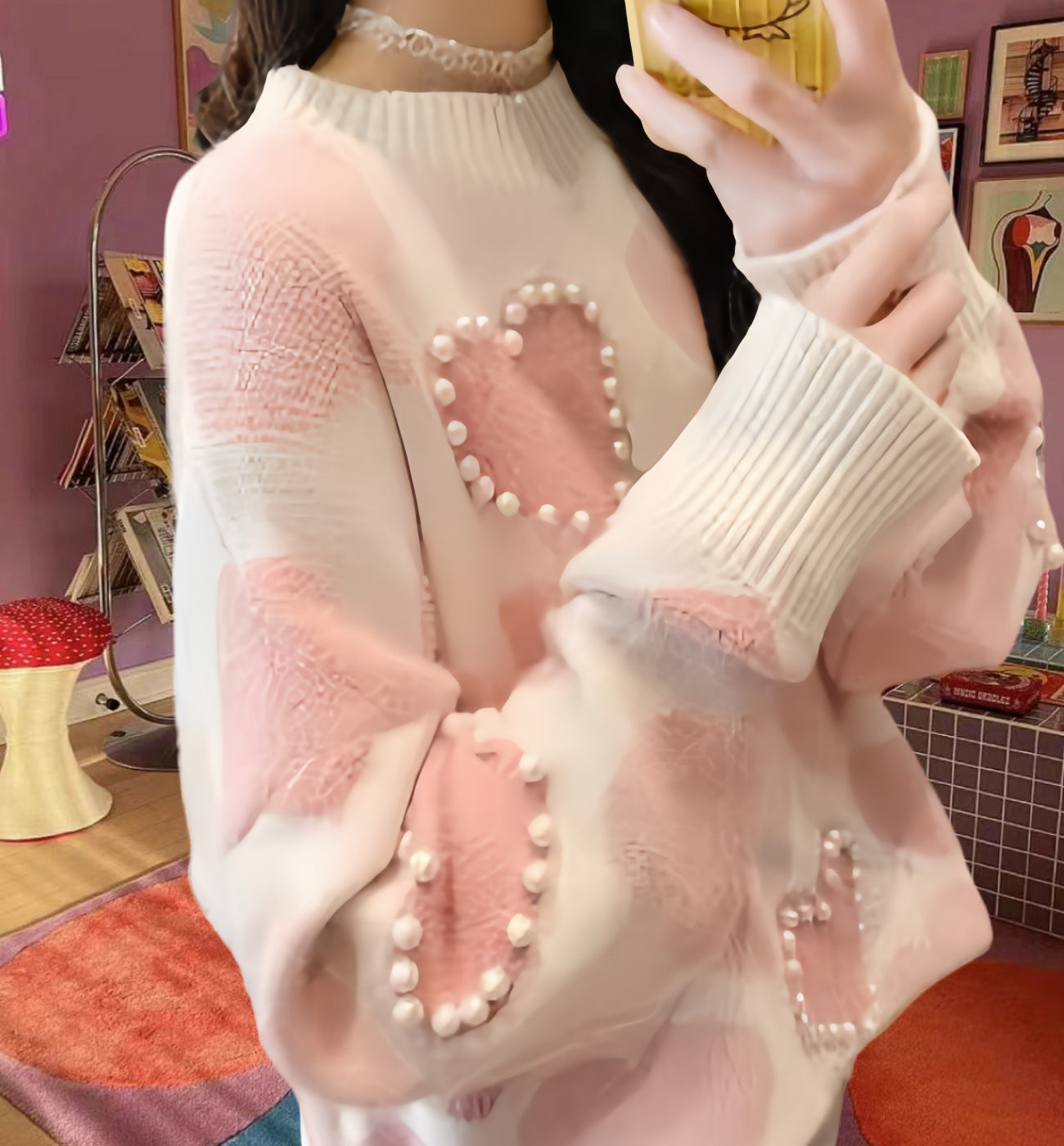 Damen Gemusterter Strickpullover mit Herz-Applikationen und Rippkragen R&B