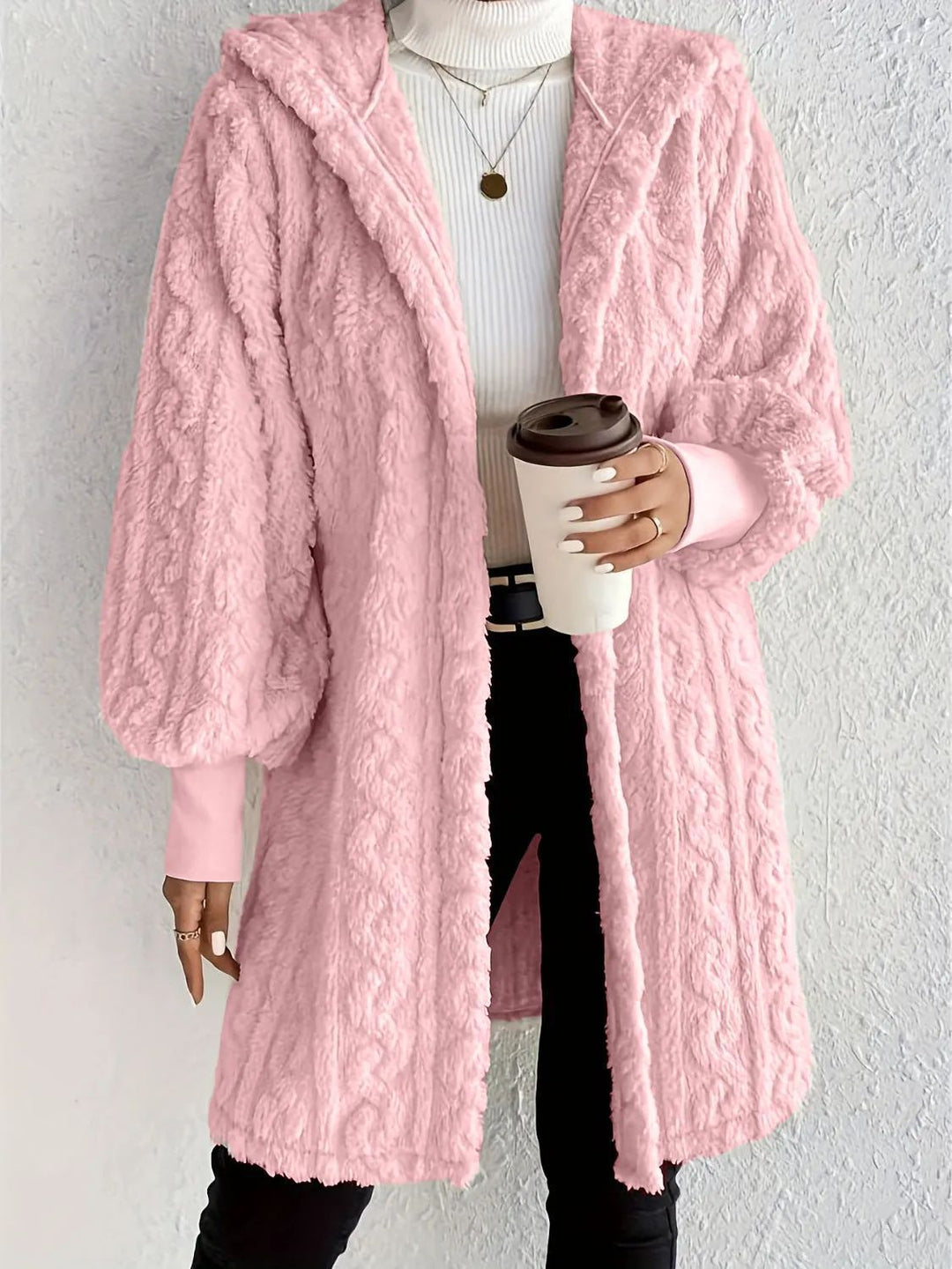 Damen Flauschige Oversized-Strickjacke mit Kapuze und Eingrifftaschen R&B