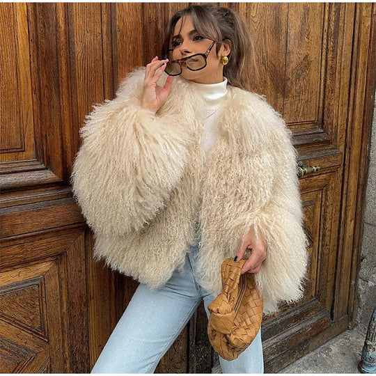 Damen Kuschelige Kunstfelljacke mit hohem Kragen und eleganten Details R&B
