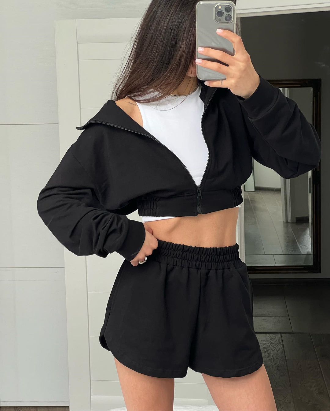 Damen Sportliches Kurzarm Set mit funktionalem Reißverschluss und elastischem Bund R&B