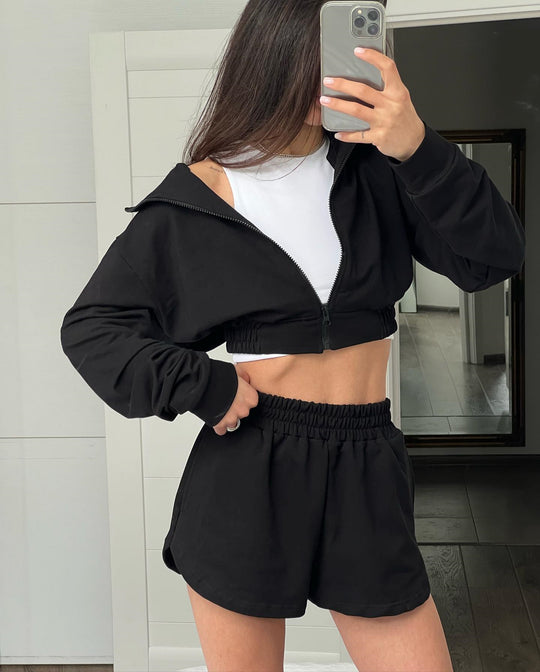Damen Sportliches Kurzarm Set mit funktionalem Reißverschluss und elastischem Bund R&B