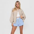 Damen gemütliche Strickjacke mit dekorativen Knopfdetails und voluminösen Ärmeln R&B
