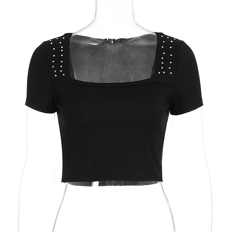Damen Kurzarm Oberteil mit quadratischem Ausschnitt und Schmuckdetails R&B