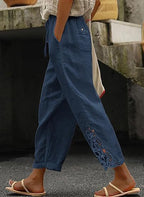 Damen luftige Leinenhose mit dekorativen Stickereien R&B
